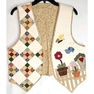 Vintage Handmade Quilted Vest Patchwork Applique Garden Scene Butterfly